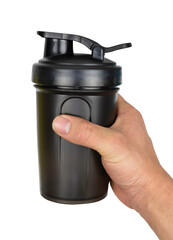 Hand hold a plastic shaker whey bottle isolated on white background clipping path. Sports and healthy drink whey protein during.