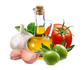 Bottle of olive oil, garlic, tomato, green olives and basil leaves isolated on white background....