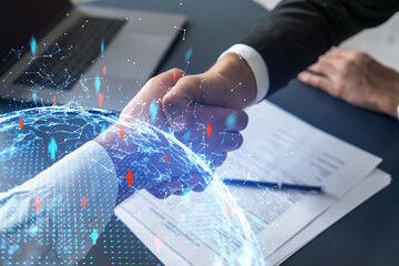 Multiexposure of two businesspeople handshake and social media network icon hologram drawing background. Concept of internet connection information data. Formal wear.