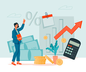 Accounting and tax calculation concept banner with business woman surrounded by money and calculation symbols. Budget management, audit and accounting document flow,flat vector illustration.