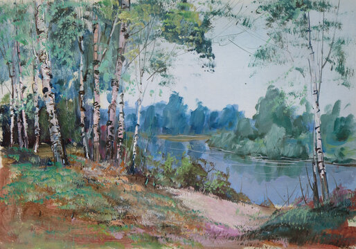 Birch trees by the pond. Landscape