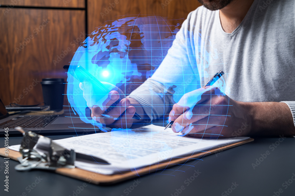 Poster double exposure of man signing contract with phone and world map network hologram. concept of intern