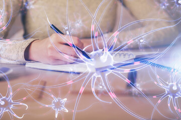 Neuron hologram over hands taking notes background. Concept of research and study. Double exposure