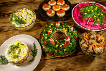 Christmas dinner set of food on a wooden table