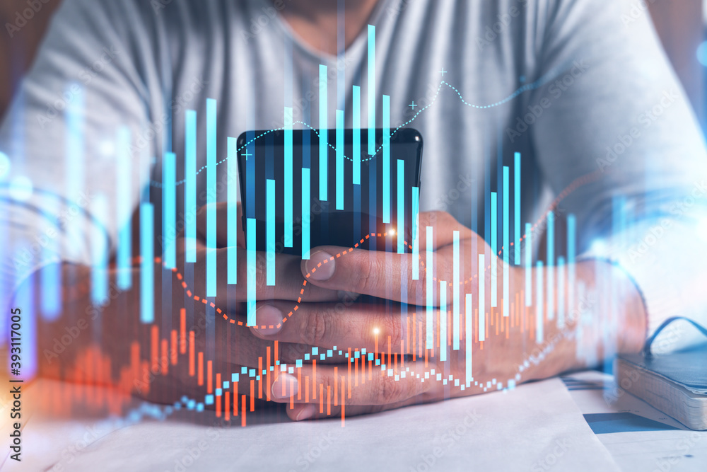 Poster man using phone. hands typing smartphone. double exposure with forex graph hologram. close up. finan
