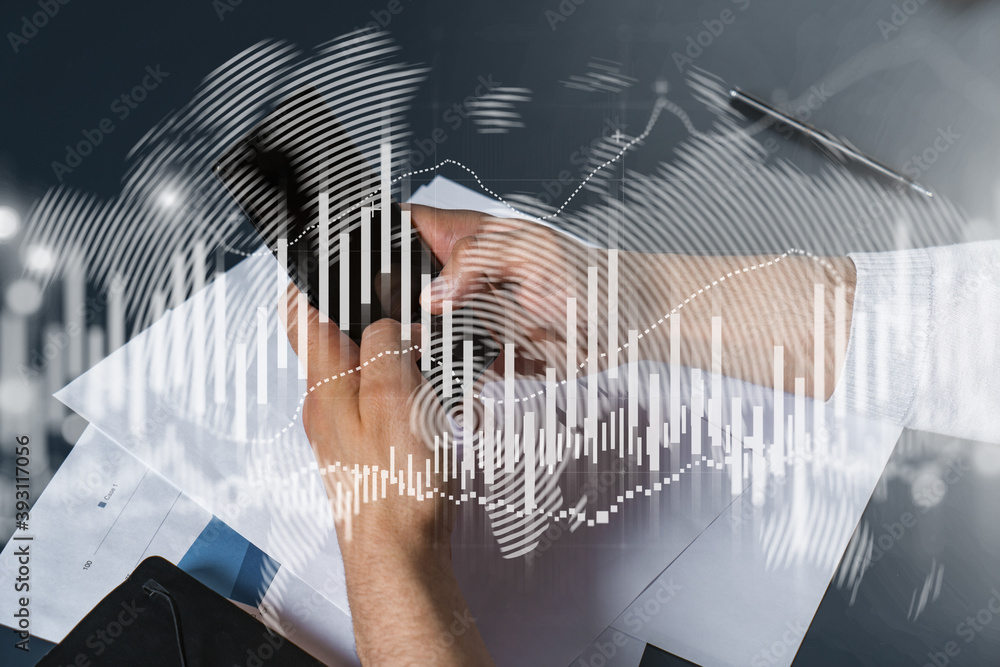Poster man using phone. hands typing smartphone. double exposure with forex graph hologram. close up. finan