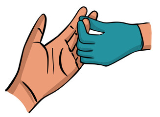 Taking of blood from a finger for analysis doctor and patient hands. Vector illustration doodle style