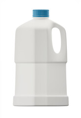 White plastic bottle with handle and blue cap isolated on white background. Used for liquids, milk, beverage, oil, water, detergents. 3d rendering.