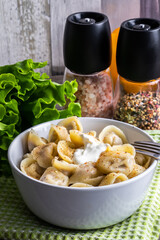 tasty homemade meat dumplings of wholemeal flour or russian pelmeni.