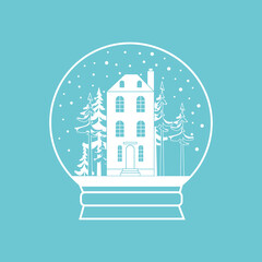 Vector image of a snow globe. Snow-covered city in a snow globe. Monochrome image in a blue color scheme. Template for greeting cards. Flat illustration.