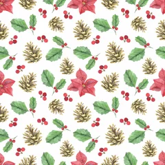 Fototapeten Watercolor winter seamless pattern with pine cone, ilex, holly, poinsettia, cotton. Christmas background ideal for baby fabric  © Larionochka Store