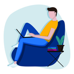 Vector image of a young freelancer working on a laptop. Distance learning in isolation during a pandemic of a new coronavirus infection.