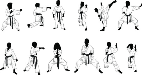 a dozen silhouettes of karate kids in kimonos in different defensive and attacking positions © sharpner