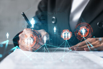 Woman signs agreement. Social network and planet earth hologram. Double exposure. Internet people...