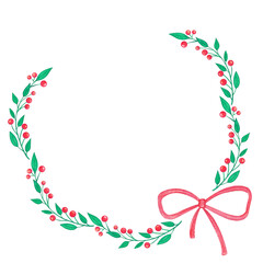 Fototapeta na wymiar Merry Christmas Watercolor Holly Berry and Ribbon Wreath