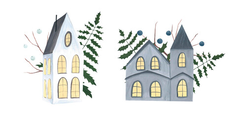 Little houses in the forest. Hand-drawn isolated illustrations