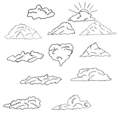 Fototapeta premium Clouds of different shapes. Collection. Cloud heart. Sun behind a cloud. Hand drawing in doodle style. Vector illustration.