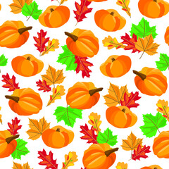 Seamless pattern with pumpkin and autumn leaves. Vector illustration.