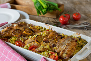 Roasted fish with bechamel leek sauce and noodles