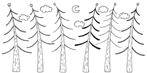 Merry Christmas vector set with cute pines, clouds, stars and moon isolated on white. Doodle clipart in trendy scandinavian style. Great for cards, posters, baby projects, wrapping paper, collages.