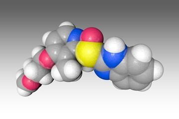 Molecular structure of rabeprazole. Atoms are represented as spheres with color coding: carbon (grey), oxygen (red), nitrogen (blue), hydrogen (white), sulfur (yellow). 3d illustration