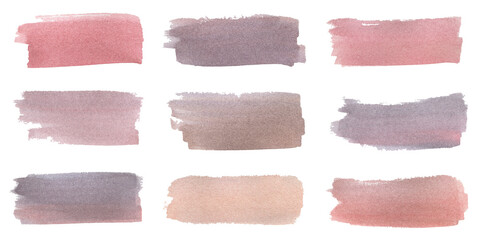 Fototapeta na wymiar Set of Watercolor brushstrokes in red-brown and purple shades isolated on white. Abstract design elements. Texture paper. Hand drawn illustration. For background, poster, banner, collage, invitation. 