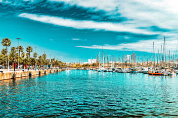 Fototapeta na wymiar Panorama on Barcelona Seaport .Barcelona. Spain.