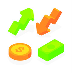 Bull and bear market. Arrows with paper money and gold coin. Flat 3d vector isometric illustration isolated on white background