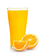 Fresh orange juice in glass or bottle with fruits, isolated on white
