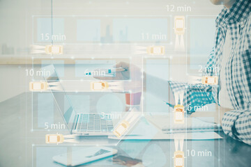 Automobile theme drawing with businessman working on computer on background. Autopilot taxi concept. Multi exposure.