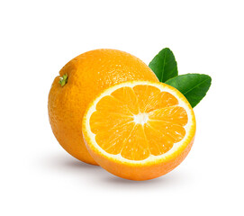 Fresh orange juice in glass or bottle with fruits, isolated on white