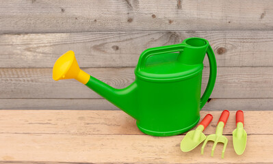 Set green garden tools and watering can stand on wooden background