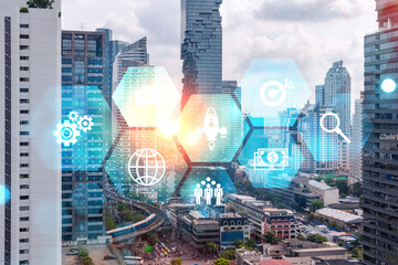 Research and development hologram over panorama city view of Bangkok, hub of new technologies to...