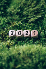 Wooden cube 2021 on green grass, moss background. New year holiday. Top view. Copy space. Ecology, zero waste concept. Biophilic design. Mental stress detox