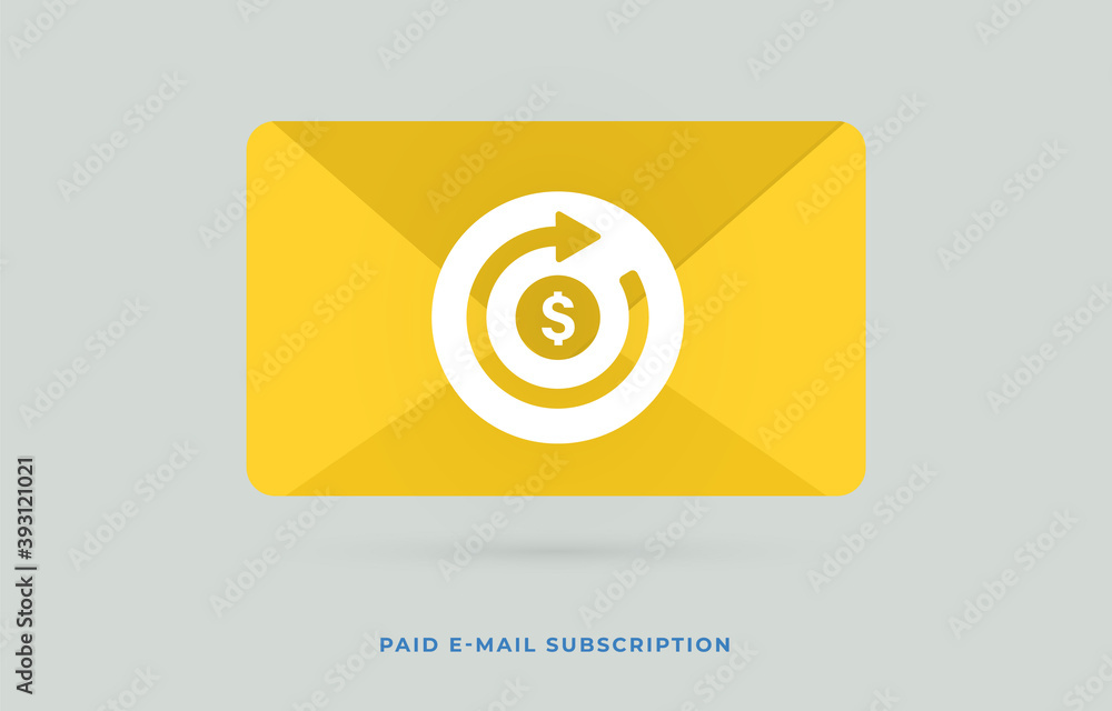 Poster paid email subscription service flat vector concept. paid mailing list with yellow envelope and roun