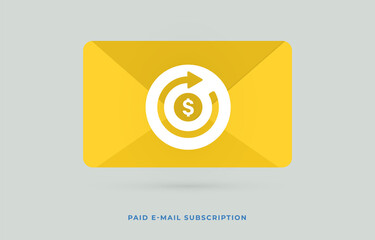 Paid Email Subscription Service flat vector concept. Paid Mailing List with yellow envelope and rounded arrow icons. Periodical regular or scheduled e-mail newsletters for membership customer. 