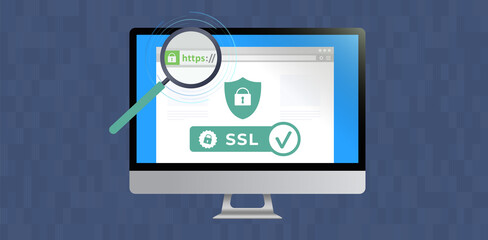 Website with SSL certificate encryption. Browser window with safe https (HyperText Transfer Protocol Secure) url in web address bar. Advantage TLS (Transport Layer Security) Flat vector illustration  - obrazy, fototapety, plakaty