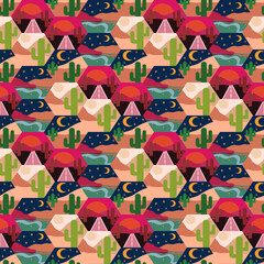 Seamless pattern with weather and landscapes desert illustrations. Vector illustration.