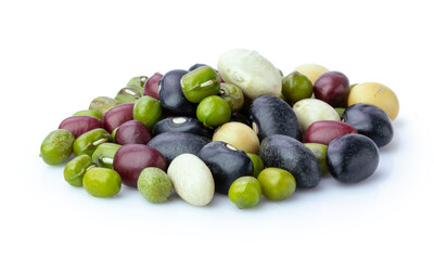 red bean ,green bean ,black bean, soybean isolated on white background