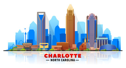 Charlotte ( North Carolina ) skyline with silhouette at white background. Vector Illustration. Business travel and tourism concept with modern buildings. - obrazy, fototapety, plakaty