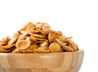 Cornflakes or cereals grain wheat in wooden bowl on white background for healthy breakfast. This image include clipping path.