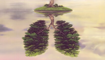 Conceptual art, Nature life and environmental concept. surreal landscape of lung tree island, painting artwork, imagination illustration, conceptual art © Jorm Sangsorn