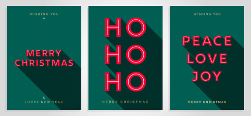 Christmas Card Design Template. Merry Christmas Card Set with 3D Creative Text Typography. Merry Christmas, HO HO HO, Peace Love Joy. Luxury Elegant Modern Minimal Style. Vector Christmas Cards EPS10
