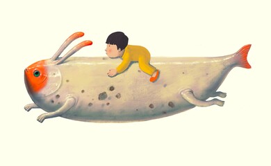 Cute boy riding monster isolated on a white background. hand-drawn an illustration. Funny animal character, painting artwork, 3d art
