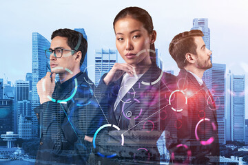 Group of business colleagues working on technology at business process to achieve tremendous growth in commerce. Worldwide process to conduct transactions.