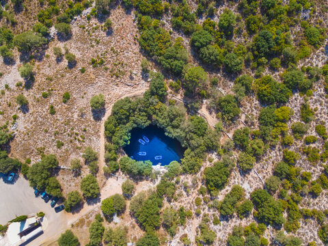 Drone view of Melissani lake in Kefalonia, Greece