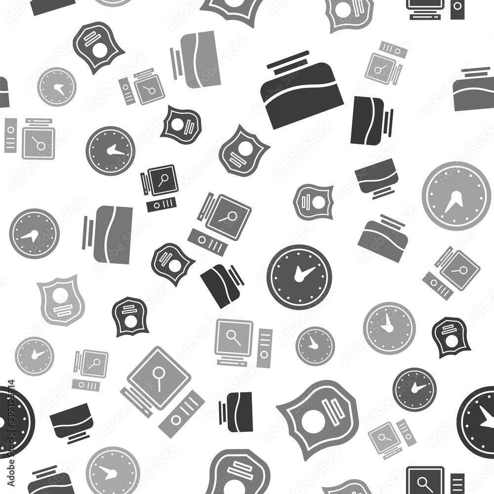 Poster set inkwell, police badge, clock and search on computer screen on seamless pattern. vector.