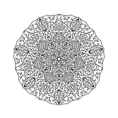 Mandala, tracery leaves and structure of leaves, beautiful pattern or designed for coloring book page, tattoo, postcard, cover or yoga template. Binary monochrome on black and white art.