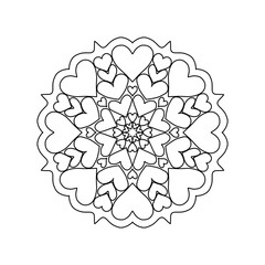 Mandala, tracery heart, beautiful pattern or designed for coloring book page, tattoo, postcard, cover or yoga template. Binary monochrome on black and white art. Valentine's day concept.