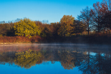 Duck Creek Park Garland Texas, Tree Reflection with Mist on Water at Texas Park